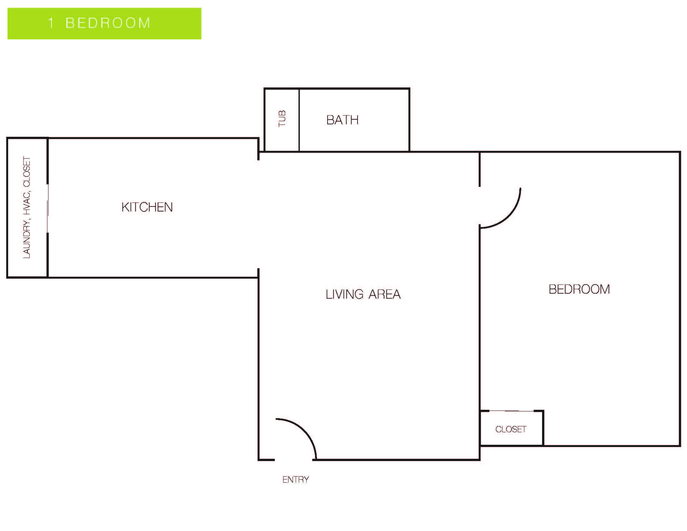 Floor plan for 1 bed, 1 bath, 600 sqft